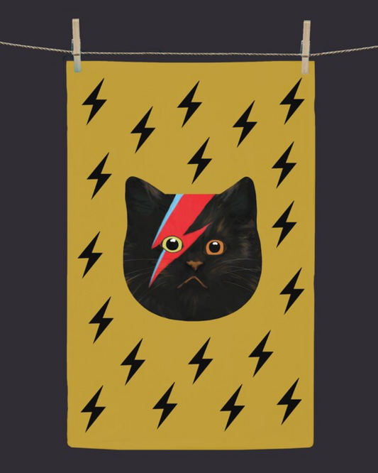 Meowie Bowie Cat Tea Towel Mustard