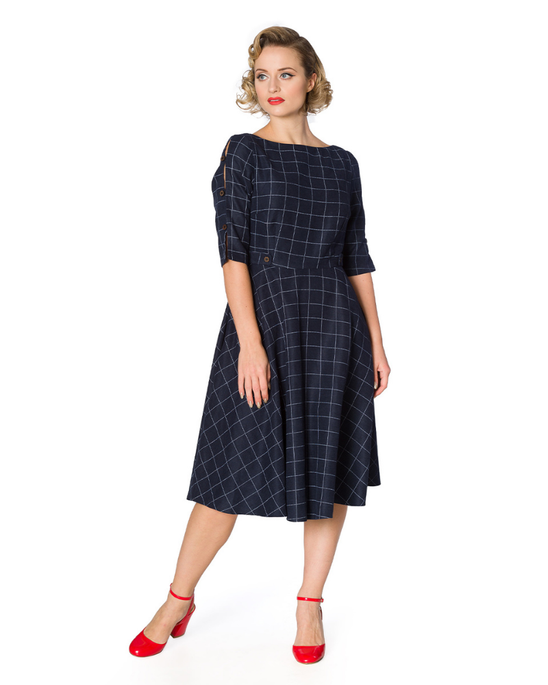Navy Fit and Flare Check Dress