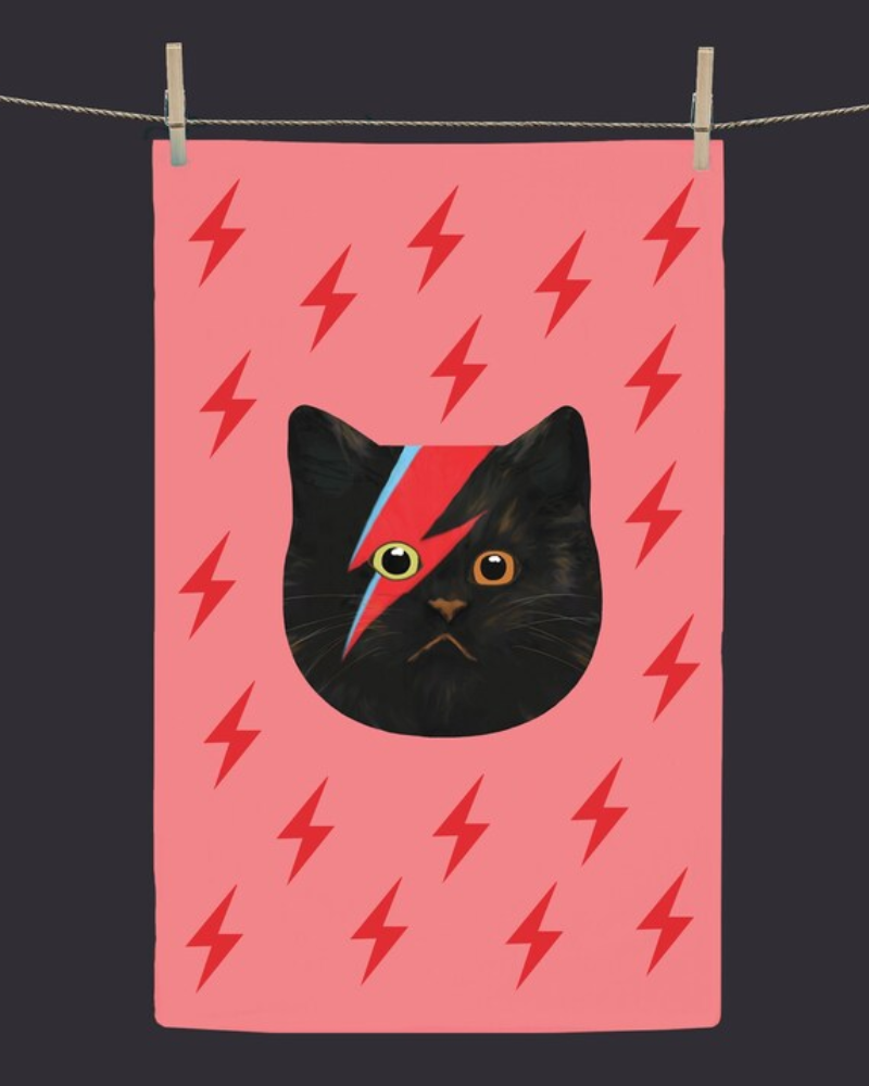 Meowie Bowie Cat Tea Towel Pink