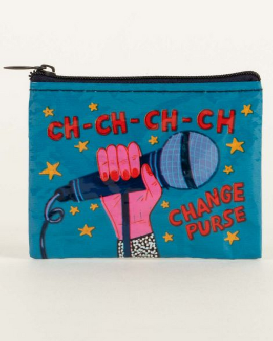 Small single zip coin purse, blue in colour with an illustraction of a pink hand holding a microphone surrounded by stars with the words "ch-ch-ch-ch change purse" immitating the david bowie song.
