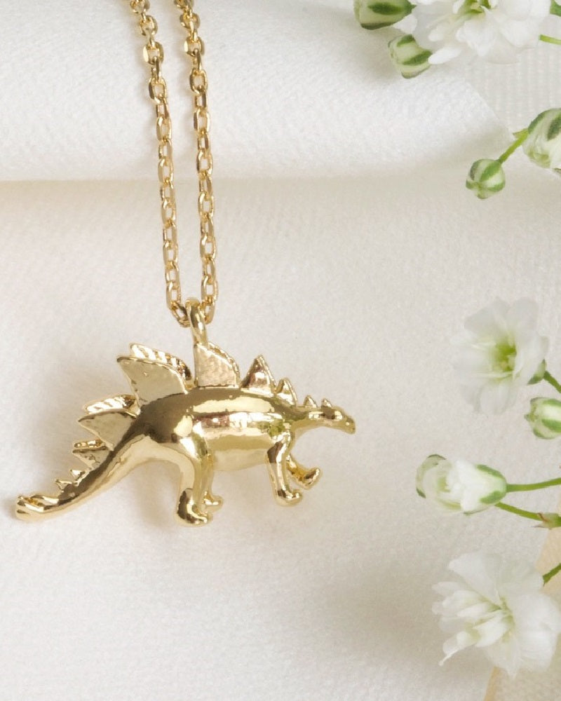 Gold Stegosaurus Dinosaur Necklace Pink Poodle Boutique