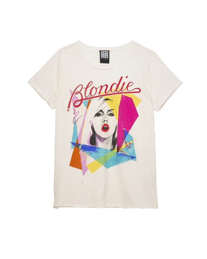 White crew Blondie rock band t-shirt featuring, multi coloured pop art, collage design of the Ahoy cover with Debbie Harry's portrait.