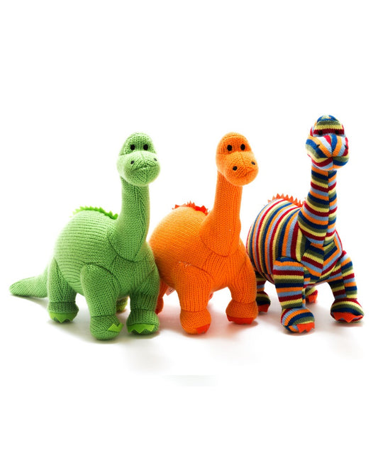 They may look fierce but our hand knitted Diplodocus dinosaur toy, in bright green, is super cuddly.  Also available as a rattle and in orange and multi stripes.