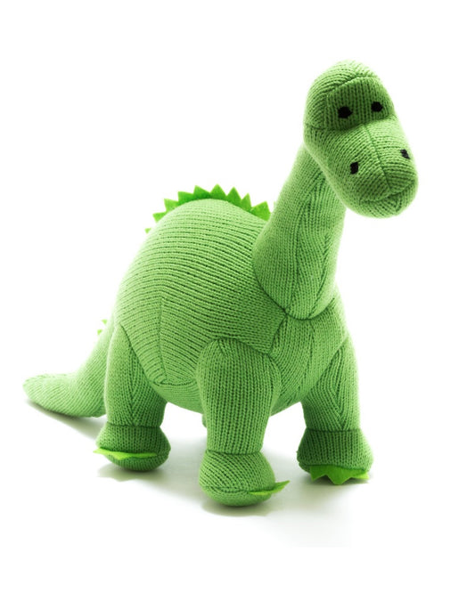 They may look fierce but our hand knitted Diplodocus dinosaur toy, in bright green, is super cuddly.  Also available as a rattle and in orange and multi stripes.