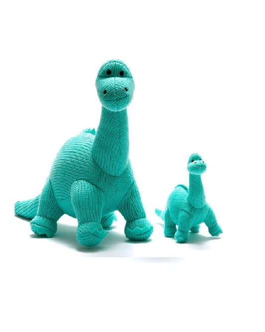 They may look fierce but our hand knitted Diplodocus dinosaur rattle, in bright and bold colours, is super cuddly.  Great for babies and toddlers, this dinosaur soft toy is a perfect size for baby to play with during tummy time with its soft stimulating rattle sound.