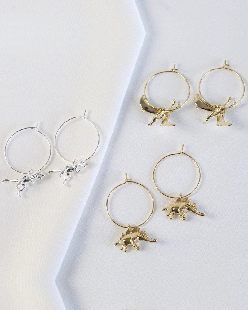 Silver T-Rex Dinosaur Hoop Earrings