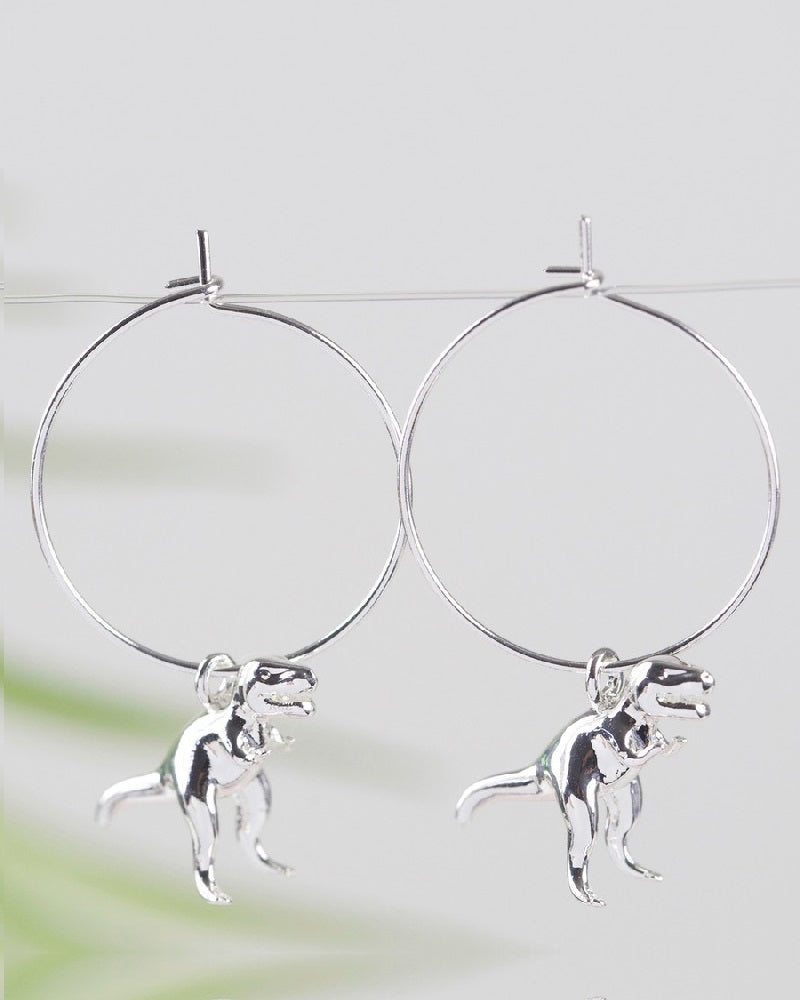 Silver T-Rex Dinosaur Hoop Earrings